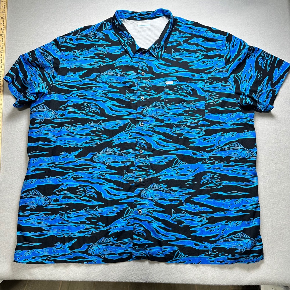 Columbia PFG Fishing Shirt Men 5X Blue Black Tiger Camo Fish Print Short Sleeve